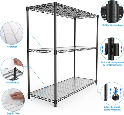 Vista 3 de pouseayar Estantería de alambre de metal NSF de 3 niveles, capacidad de 1050 libras, estante de almacenamiento ajustable resistente