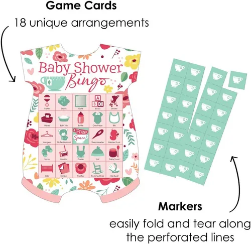 Vista 2 de Big Dot of Happiness Floral Let's Par-Tea - Juego de 18 tarjetas de bingo con imágenes y marcadores, fiesta de té de jardín, baby shower, juego