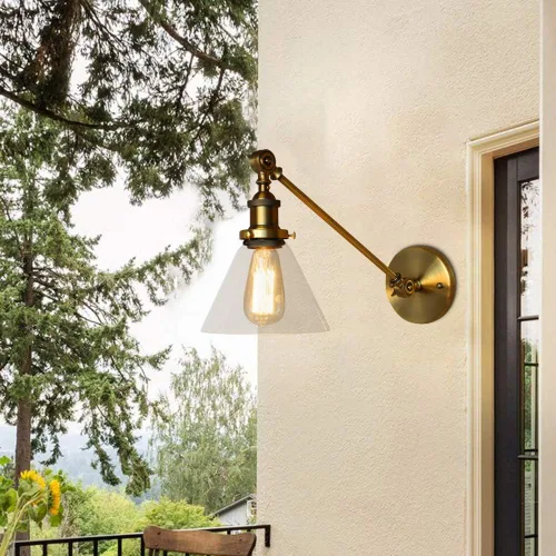 Vista 2 de Iluminación de pared industrial vintage de 1 luz con pantalla de vidrio transparente con brazo oscilante ajustable, lámpara de pared de cabecera