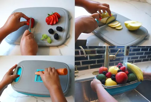 Vista 4 de Tabla de cortar con colador plegable 10 en 1, juego multiusos, resistente, compacta, ahorra espacio, fácil limpieza, lavable a máquina, ideal