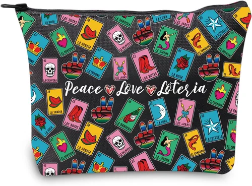 Vista 9 de JXGZSO Bolsa de lotería divertida bolsa de almacenamiento de bingo mexicano, regalo de lotería, paz, amor, lotería, bolsa de lona con cremallera
