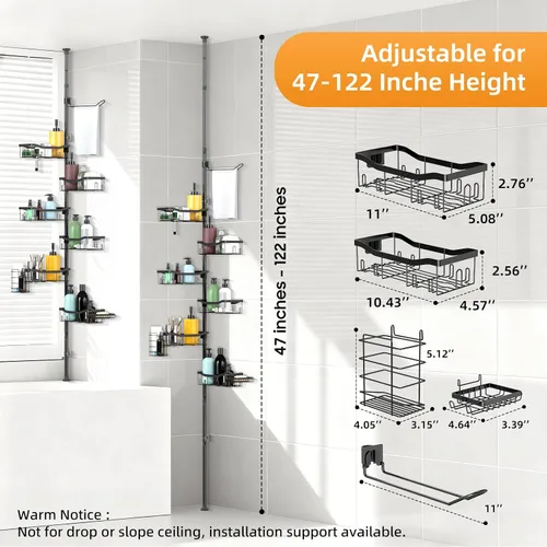 Vista 4 de Estante organizador de ducha con barra de tensión de 6 niveles, estante organizador de baño, soporte ajustable para champú y bañera con toallero, 2