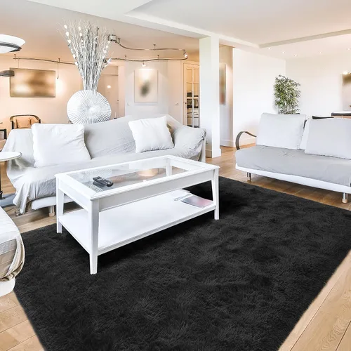 Vista 13 de Terrug Alfombra Corredor Negra Esponjosa para Dormitorio, 2x6 Pies Lindas Alfombras de Área de Pelo Largo para Pasillo, Alfombra de Felpa Suave