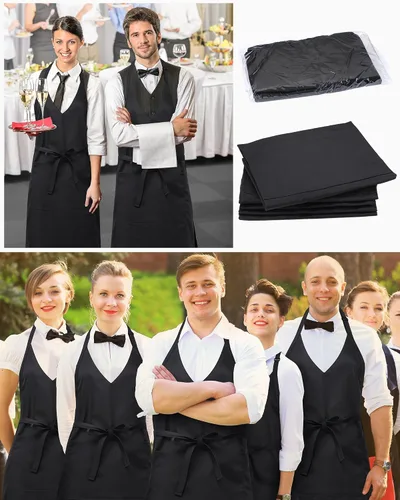 Vista 5 de Liitrsh 5 delantales unisex con cuello en V, 2 bolsillos, delantales de esmoquin ajustables negros con lazo largo en la cintura, delantal formal