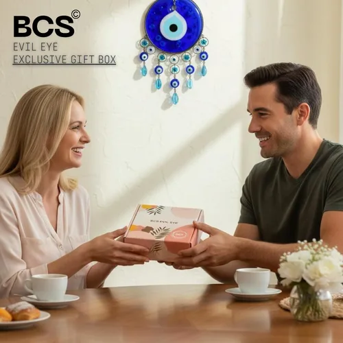 Vista 4 de BCS Adorno para colgar en la pared de 2.8 pulgadas de color azul y dorado, hecho a mano, amuleto turco griego de Nazar, amuleto de buena suerte