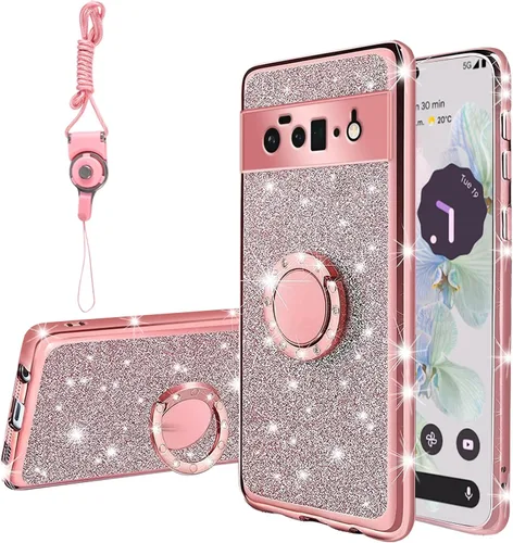 Vista 18 de Funda compatible con Google Pixel 6 Pro para mujer, con purpurina, suave, elegante, transparente, TPU de lujo, bonita funda protectora con correa