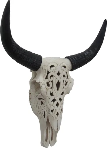 Vista 2 de DWK Calavera de buey tribal White Resin Construction, Hand-Painted Accents, Keyhole Hanger on Back, 16 In. Wide X 6.5 In. Deep