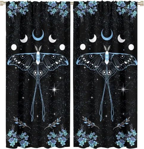 Vista 47 de Cortinas de mariposa de fantasía, polilla, sol, luna, estrella, arte floral, estampado floral, bolsillo para barra, cortinas opacas para ventana