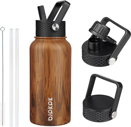Vista 85 de BJPKPK Botellas de Agua Aisladas con Tapa de Pajita, Botella de Agua de Acero Inoxidable de 18oz, Termo Frío Caliente con 3 Tapas, Vaso de Viaje a