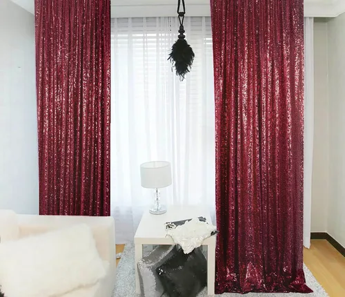 Vista 27 de ShinyBeauty Cortinas de Lentejuelas 2 Paneles 2ftx8ft Wine Telón de Fondo con Brillantina para Videos de YouTube Cortinas de Lentejuelas Borgoña