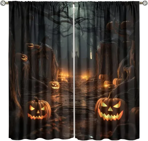 Vista 16 de Cortinas de Halloween con diseño de bosque gótico rojo, cruz gótica, Halloween, festividades, festival, tratamiento de ventana para sala de estar