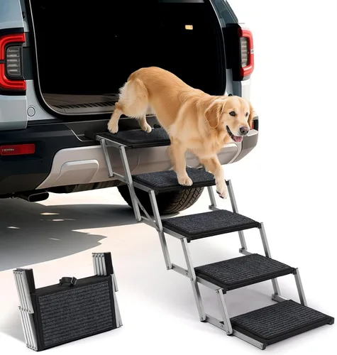 Vista 9 de Escaleras plegables para perros grandes, con superficie antideslizante, rampa ligera con capacidad para hasta 250 libras, 5 escalones