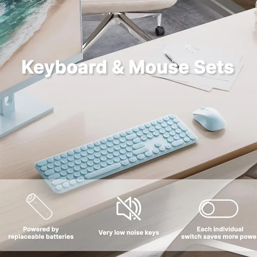 Vista 2 de Combo de teclado y mouse inalámbricos con 110 teclas redondas, interruptor de encendido y sensación de escritura con interruptor de tijera, ideal