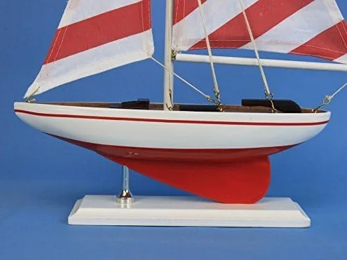Vista 3 de Rojo Pacific Sailer alla – 17" – Modelo Velero – Centro de Mesa de madera – de rayas náuticas