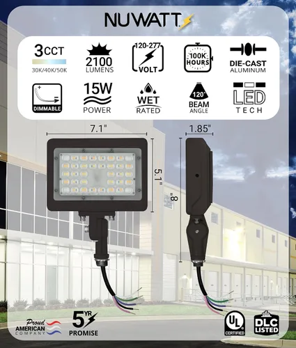 Vista 2 de NUWATT Reflector LED de 15W, 3CCT 3000K/4000K/5000K Seleccionable, Iluminación Impermeable IP65, Soporte de Articulación Ajustable de 1/2", 2100