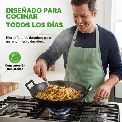 Vista 4 de NutriChef Wok de hierro fundido de 14 pulgadas con tapa de madera, Kadai pre-sazonado para freír con asas de bucle, compatible con múltiples estufas