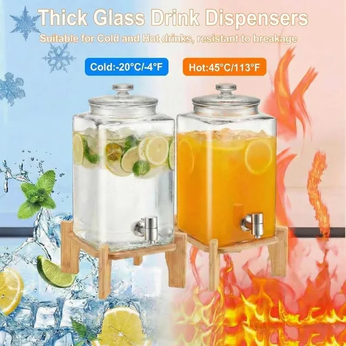 Vista 4 de FillTouch Juego de 2 dispensadores de bebidas de vidrio de 1.5 galones con soporte de madera, dispensadores grandes de bebidas de agua para fiestas