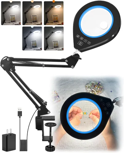 Vista 10 de Lupa con luz, lente 10X/5X, LED regulable, brazo oscilante, blanco Soporte de abrazadera, 5 colores y 10 de brillo, lámpara de aumento