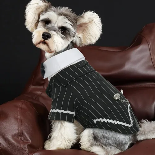 Vista 9 de DENTRUN - Traje de esmoquin para perro con corbatín - Camisa formal de disfraz para mascotas a rayas en negro y blanco, elegante atuendo de boda