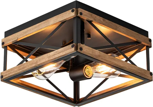 Vista 10 de Lámpara de techo rústica de madera negra de 2 luces Lámparas de metal para pasillo, industriales cerca del techo, para cocina, entrada, vestíbulo