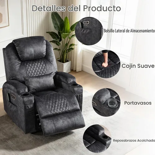 Vista 6 de Silla reclinable giratoria ajustable con motor doble gris (Velvet Gray)