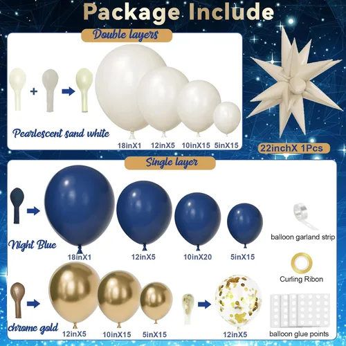 Vista 2 de Kit de arco Graland de globos azul marino y dorado, doble relleno, blanco perla, azul rey, dorado champán, con confeti, globos de estrella explosiva