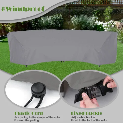 Vista 3 de Funda de sofá curvada impermeable para muebles de exterior, sofá de media luna, protector con cordón elástico resistente al viento para patio