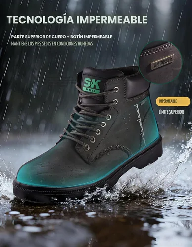 Vista 3 de SKPRO Botas de trabajo con punta de acero para hombre, botas de seguridad Cuero de chocolate Crazy Horse