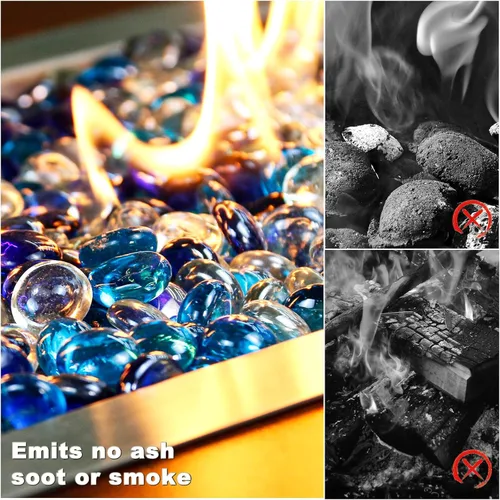 Vista 2 de Hisencn Cuentas de vidrio de fuego para hoguera de 1/2 pulgada, rocas de vidrio de fuego azul mezclado para chimenea de gas propano o natural