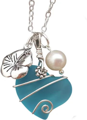 Vista 6 de Collar de cristal de mar hecho a mano, collar de corazón de alambre, collar de abalorios y perlas, joyería de cristal de mar, regalo de cumpleaños