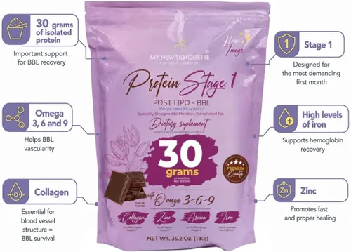 Vista 3 de MI NUEVA SILUETA Post BBL Stage 1 Proteína médica con Omega 3, 6 y 9. Mejorada con 1.06 oz de proteína aislada por batido + colágeno (chocolate)