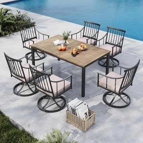 Vista 13 de MFSTUDIO Juego de comedor de 5 piezas de metal para patio, juego de muebles para exteriores con 1 mesa cuadrada de madera y 6 sillas de respaldo