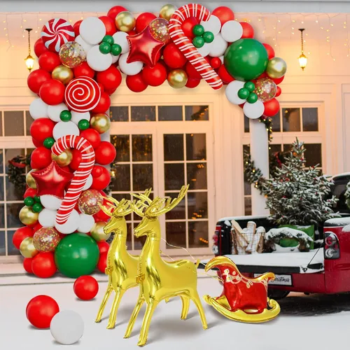 Vista 2 de Kit de arco de guirnalda de globos de Navidad con globos de trineo con lentejuelas rojas, doradas, blancas, verdes, doradas, estrellas, alces