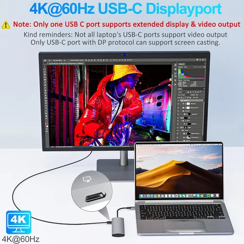 Vista 3 de Hub USB C de 10 Gbps, divisor USB C con pantalla de video de 4K a 60 Hz, carga de entrega de energía de 100 W, adaptador multipuerto USB 4 Hub
