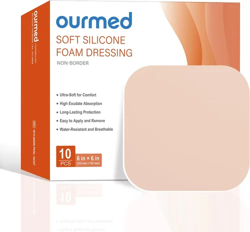 Vista 9 de Ourmed Soft Flex Apósitos de espuma de silicona (4 pulgadas x 4 pulgadas, paquete de 10) estériles, altamente absorbentes, impermeables, borde