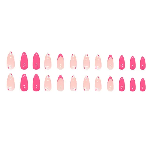 Vista 4 de RikView Uñas postizas a presión de color rosa medianas, con diseño de flores, uñas de almendra, uñas acrílicas brillantes, 24 unidades por juego