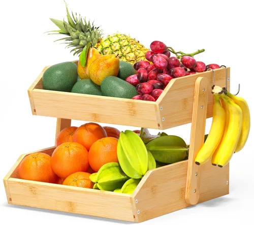 Vista 11 de Gmtsl Cesta de frutas de bambú para cocina, frutero de 2 niveles para encimera de cocina, soporte grande para frutas con 2 ganchos para plátanos