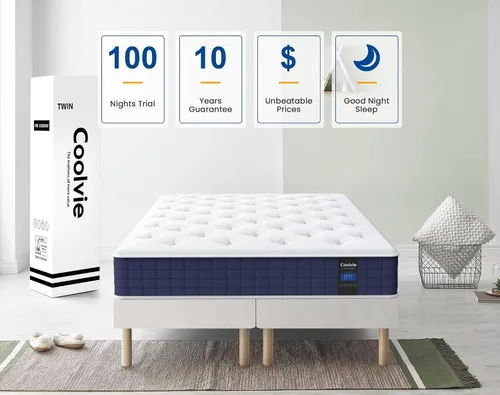 Vista 7 de Coolvie Colchón Twin de 10 pulgadas, Colchón híbrido con espuma viscoelástica de gel para un sueño nocturno fresco y alivio de presión, bolsillos