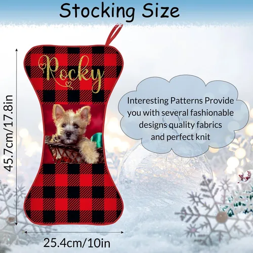 Vista 3 de Calcetines de Navidad personalizados con foto de nombre, medias personalizadas en forma de hueso para perros, gatos, mascotas, medias de Navidad