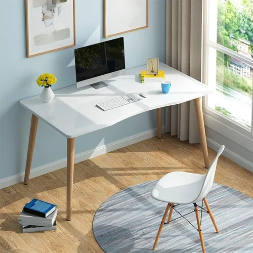 Vista 3 de Escritorio de estudio de oficina contemporáneo, escritorio contemporáneo para computadora, escritorio de trabajo con patas de madera, blanco, sin