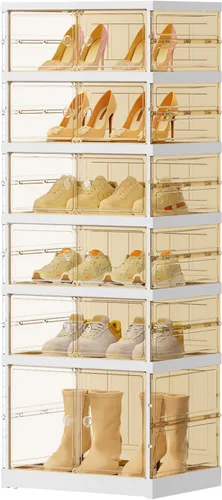 Vista 9 de EHAMILY 3 niveles, 6-12 pares de cajas de zapatos plegables, estante grande de plástico para almacenamiento de zapatos, organizador de zapatos