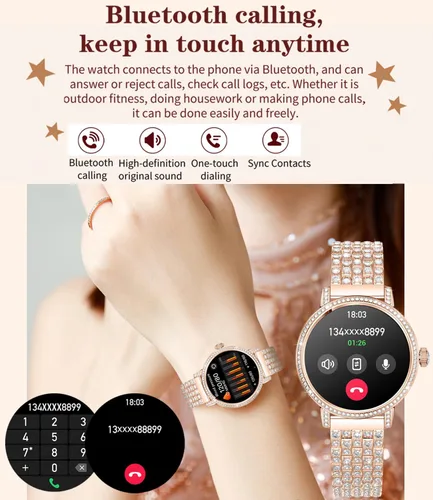 Vista 4 de Relojes inteligentes para mujer con llamadas Bluetooth de diamantes, reloj inteligente con pantalla HD de 1.27 pulgadas, rastreador de actividad