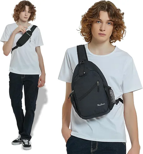 Vista 7 de MAYLISACC Mochila bandolera, bolsa cruzada de hombro para hombres y mujeres, mochila casual, bolsa de pecho para exteriores, Negro
