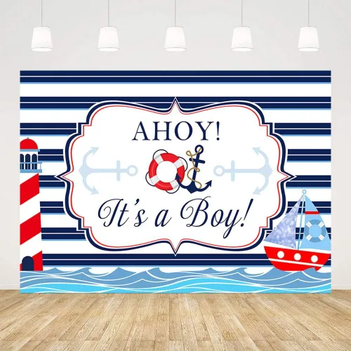 Vista 2 de MEHOFOND Ahoy It's A Boy - Telón de fondo náutico para decoración de baby shower, fondo de rayas azul marino, ancla de faro de mar rojo, suministros