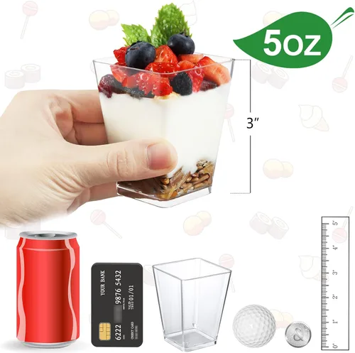 Vista 2 de Eupako Paquete de 100 vasos cuadrados de plástico transparente de 5 onzas, vasos pequeños de plástico transparente, ideales para postres