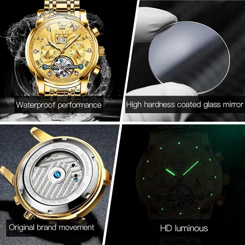Vista 36 de OLEVS Relojes automáticos para hombre, oro de lujo, vestido de diamantes de cuerda automática, esqueleto mecánico, Tourbillon, reloj de pulsera