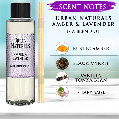 Vista 2 de Urban Naturals Recambio de aceite difusor de varillas ámbar y lavanda, lavanda relajante, ámbar cálido, aroma calmante para habitación, 4 onzas +