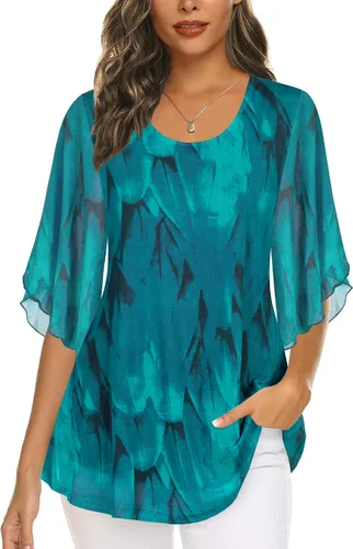 Vista 2 de Ninedaily Blusas de manga 34 para mujer, estilo casual, de doble capa, de malla, tipo túnica