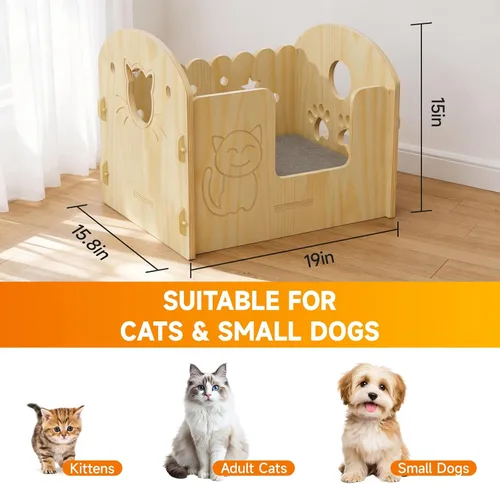 Vista 2 de Cama para gatos semicerrada de madera maciza con artesanía de tallado de dibujos animados, ahorro de espacio para apartamentos pequeños, estudios