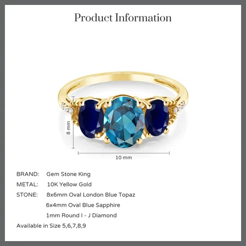 Vista 4 de Gem Stone King Anillo de compromiso ovalado de oro amarillo de 10 quilates con topacio azul Londres y zafiro azul para mujer